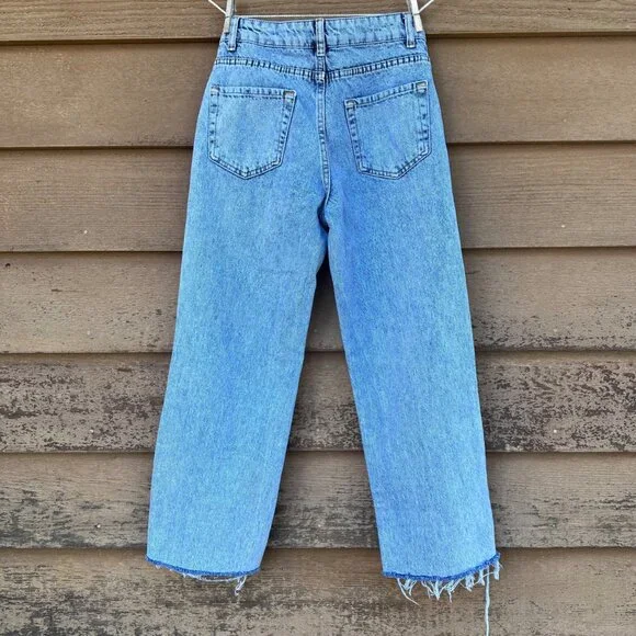 Distressed Blue Denim Jeans W/ Rhinestone Trim & Raw Hem For Women - Picture 9 of 14